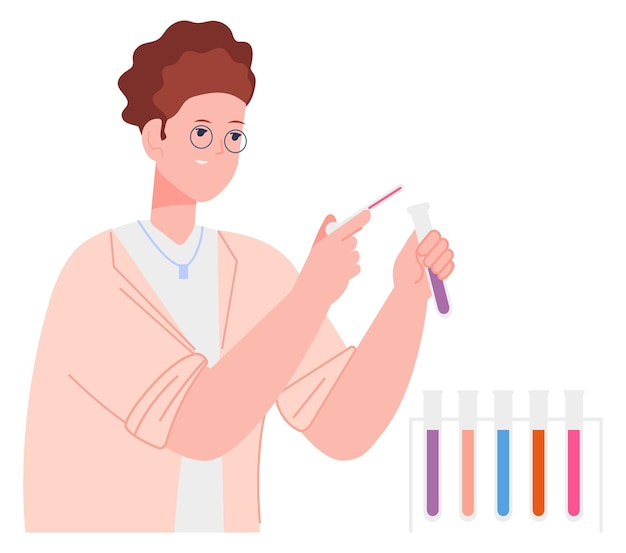 Plik wektorowy kobieta naukowiec wykonująca test chemiczny za pomocą szklanych probówek laboratoryjnych