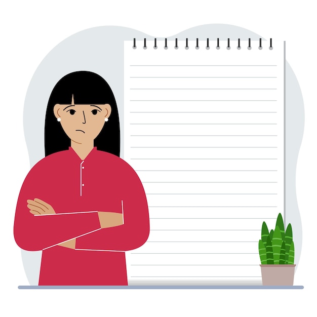 Plik wektorowy kobieta obok dużego notatnika lub dużego notatnika koncepcja napełniania notatnika lub notatnika pisanie notatek planowanie zarządzania czasem