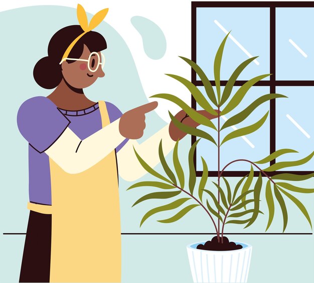 Plik wektorowy kobieta opiekująca się rośliną doniczkową