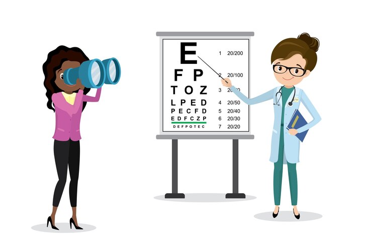 Wektor kobieta optometrystka bada wzrok kobiety za pomocą lornetki ilustracja wektorowa