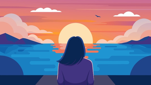 Plik wektorowy kobieta patrzy na wschód słońca nad oceanem, czując poczucie pokoju i nadziei, które ją ogarnia.