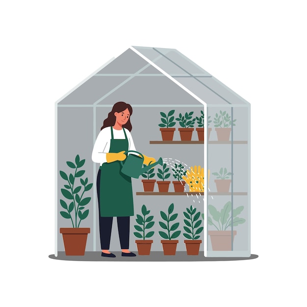 Kobieta podlewająca rośliny w szklarni z ilustracją wektorową w stylu płaskim