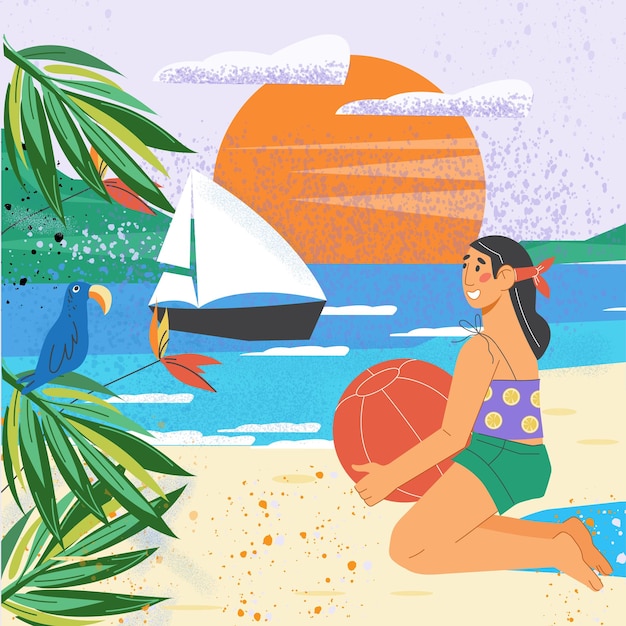 Kobieta Podziwiająca Zachód Słońca Na Tropikalnej Plaży Letnie Wakacje Na Plaży I Turystyka Transparent Płaski Wektor