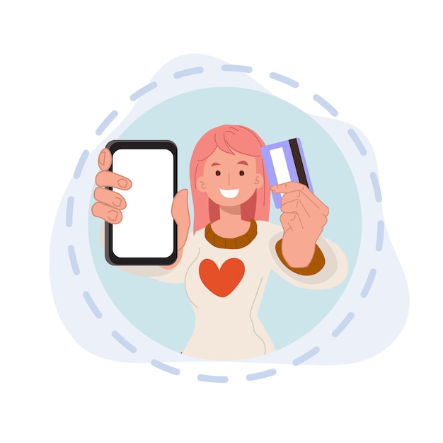 Kobieta pokazująca kartę płatniczą i aplikację w telefonie zakupy online aplikacja do zakupów Plastikowa karta kredytowa i ilustracje wektorowe smartfona