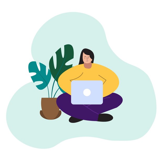 Plik wektorowy kobieta pracująca na laptopie online study edukacja koncepcja pracy freelancer