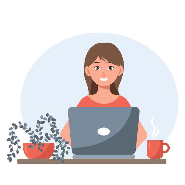 Kobieta pracująca na laptopie w domu Freelance zdalna praca freelancer koncepcja ilustracja w stylu płaskim