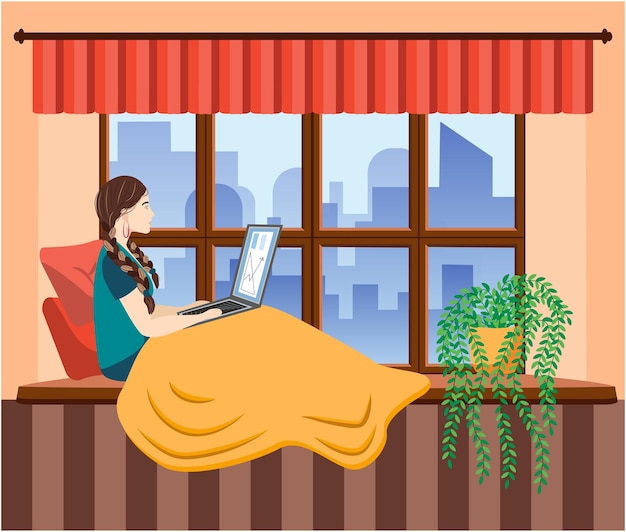 Plik wektorowy kobieta pracuje przy laptopie, siedząc na parapecie w domu niezależna koncepcja kwarantanny z powodu covid19