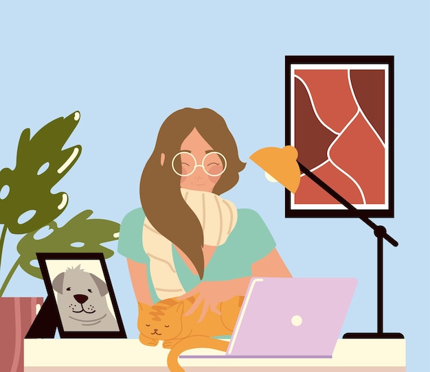 Kobieta pracuje z laptopem przy biurku, pracy w domu ilustracji