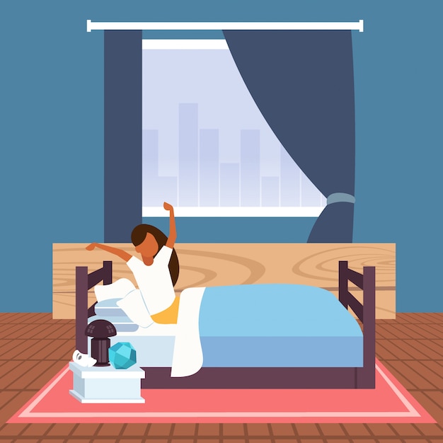 Plik wektorowy kobieta rozciąga ramiona budząc się rano afican amerykańska dziewczyna siedzi na łóżku po dobranoc spać nowoczesne mieszkanie wnętrze sypialni
