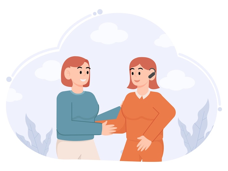 Wektor kobieta rozmawia z niepełnosprawną kobietą nie słyszy ilustracji