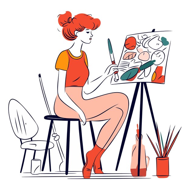 Plik wektorowy kobieta rysuje obraz na sztalupie w płaskim stylu