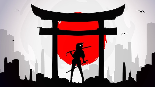 Kobieta Samuraj Tło Temat Japoński Tło Samuraj Tapeta Samuraj Z Bramą Torii