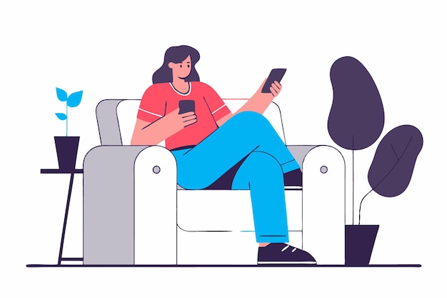 Kobieta siedząca w fotelu z ilustracją telefonu na białym tle