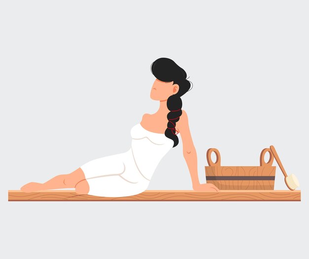 Plik wektorowy kobieta siedzi i relaksuje się w saunie na białym tle łaźnia lub bania procedury spa wellness kobieca postać w gorącej łaźni parowej odpoczywa samotnie dziewczyna dba o zdrowie cieszy się w łaźni parowej