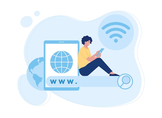 Plik wektorowy kobieta siedzi na telefonie z ikoną wi-fi na płaskiej ilustracji popularnej koncepcji na ekranie