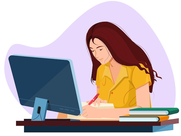 Plik wektorowy kobieta siedzi w miejscu pracy kobieta biorąc lekcje online