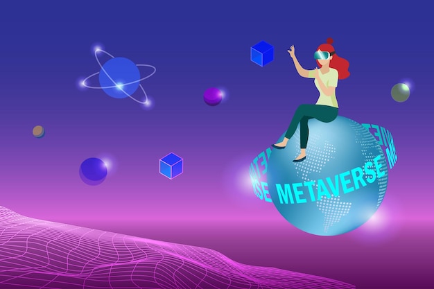 Kobieta siedzi w świecie metaverse, używając zestawu słuchawkowego vr online, łączącego się z wirtualną przestrzenią i wszechświatem