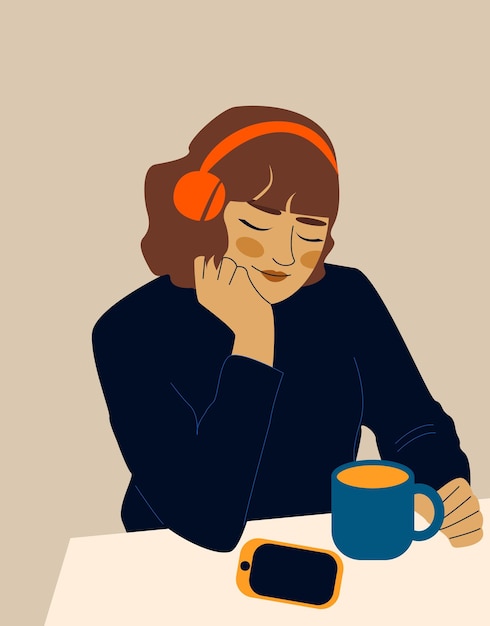 Kobieta Słucha Muzyki Lub Audiobooka W Kawiarni Stockowa Ilustracja Wektorowa W Nowoczesnym Stylu Płaski Eps 10