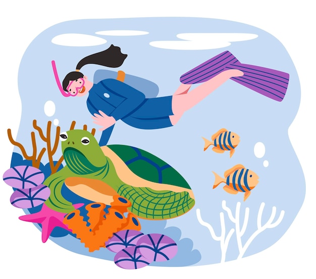 Plik wektorowy kobieta snorkeling płaska ilustracja