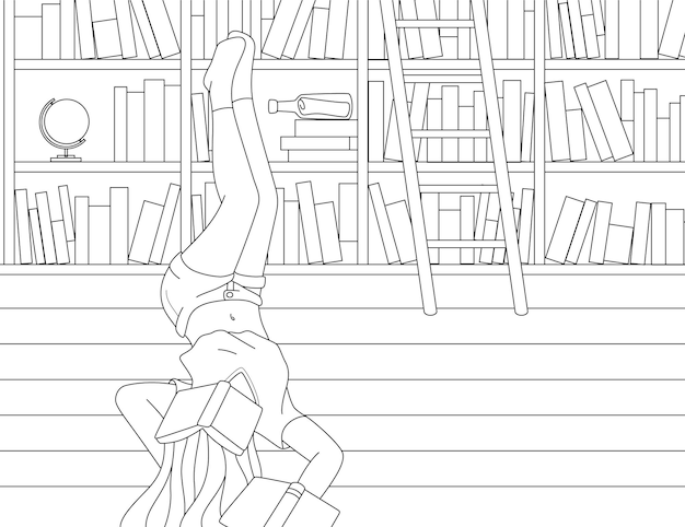 Kobieta śpi W Bibliotece Czarno-białe Kolorowanie Ilustracji Wektorowych Zarys Książki