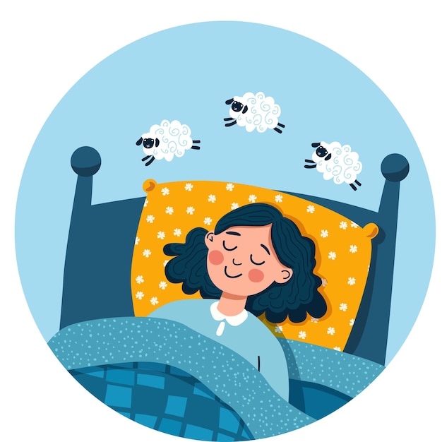 Kobieta śpiąca w łóżku Zdrowy sen Płaska ilustracja wektorowa na białym tle
