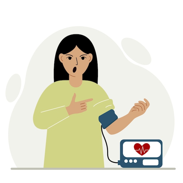 Kobieta Sprawdza Ciśnienie Krwi Koncepcja Opieki Zdrowotnej Pomiar Ciśnienia Krwi Tonometr Cyfrowy Monitorowanie Stanu Zdrowia
