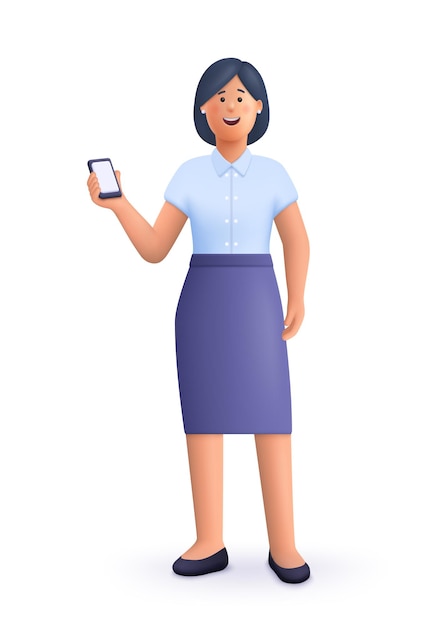 Plik wektorowy kobieta stojąca trzymająca i pokazująca wyświetlacz smartfona ilustracja postaci wektorowych ludzi 3d