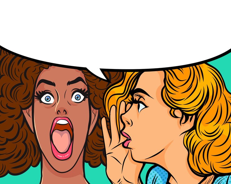 Kobieta szepcząc plotki lub sekret do swojego przyjaciela z dymek w retro komiks stylu pop art.