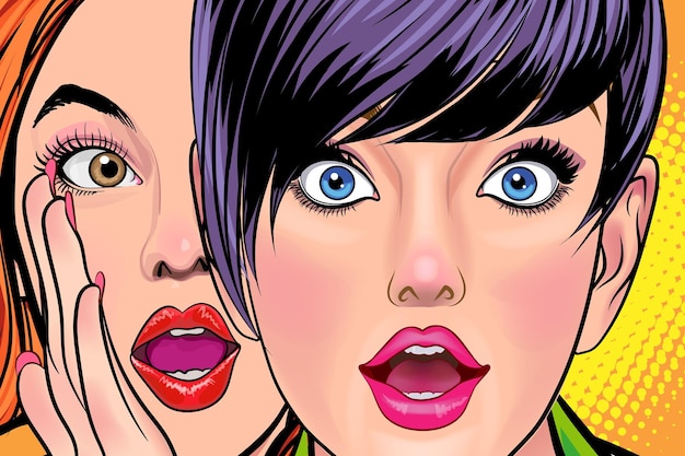Kobieta szepcząca plotki lub tajemnice przyjacielowi niespodzianka w Retro Vintage Pop Art Comic