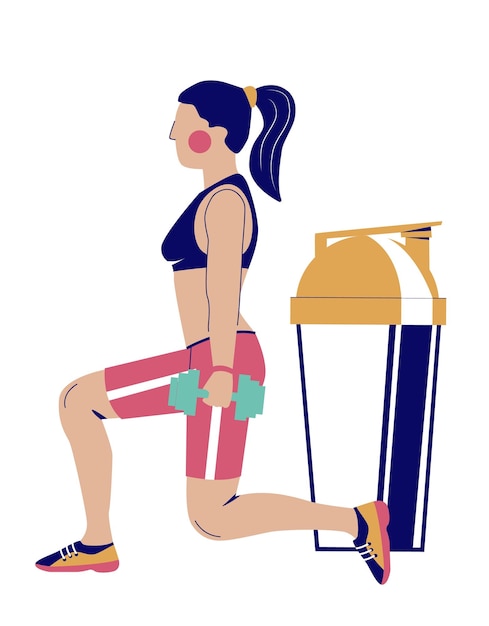 Plik wektorowy kobieta trenująca fitness z ciężarami w pobliżu ogromnego wstrząsacza białka