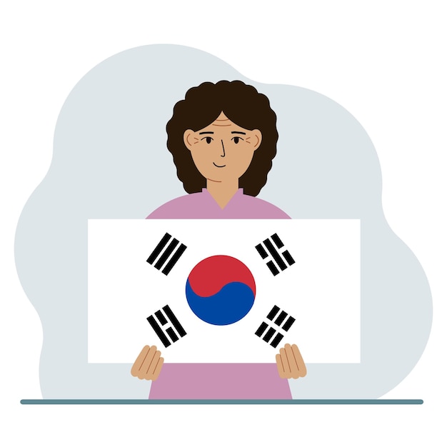 Plik wektorowy kobieta trzyma flagę korei południowej koncepcja demonstracyjnego święta narodowego, dnia niepodległości lub patriotyzmu narodowość