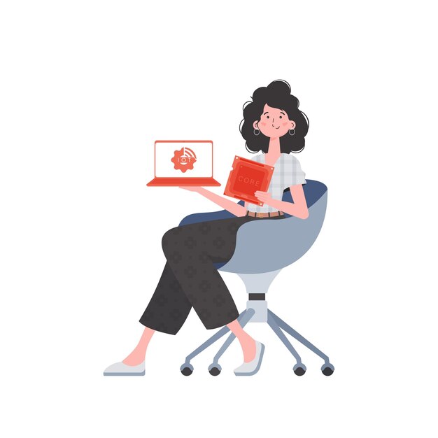 Kobieta trzyma laptopa i chip procesora w dłoniach Internet rzeczy i koncepcja automatyzacji Odosobniony Modny płaski styl ilustracji wektorowych