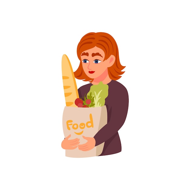 Plik wektorowy kobieta trzyma papierową paczkę z jedzeniem kobieca postać z eko torbą w rękach