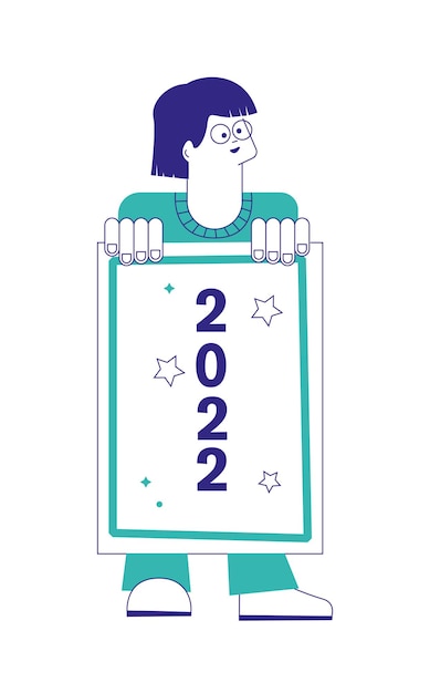 Kobieta Trzyma Plakat 2022 I świętuje Nowy Rok Flat Line Art Trendy Postcard