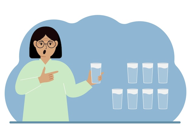 Plik wektorowy kobieta trzyma szklankę wody infografika bilansu wodnego 8 szklanek wody każdego dnia zdrowy styl życia