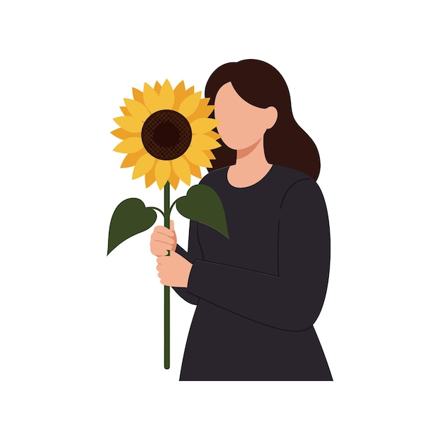 Kobieta trzymająca słonecznik w minimalnej płaskiej ilustracji wektorowej