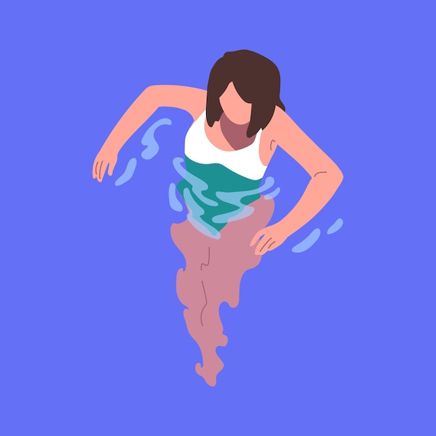 Kobieta W Basenie Kobieca Postać W Strojach Kąpielowych Stojący W Morzu Wewnątrz Przezroczystej Wody Do Talii Widok Z Góry Dziewczyna W Stroju Kąpielowym Relaksujące Pływanie W Aqua Na Letnie Wakacje Płaskie Wektor Ilustracja