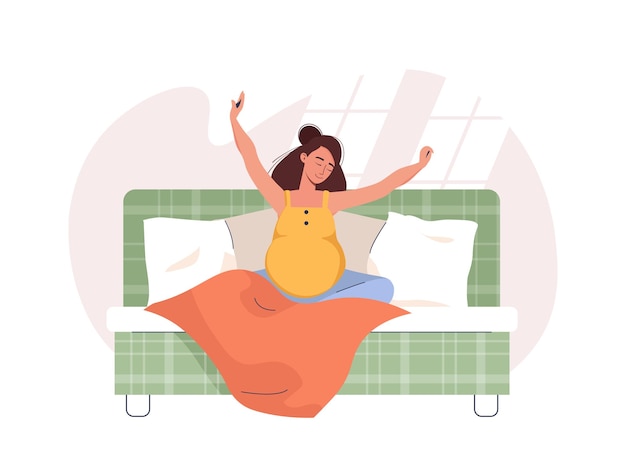 Kobieta w ciąży obudziła się ze snu rano Szczęśliwa postać żeńska relaksująca się na łóżku
