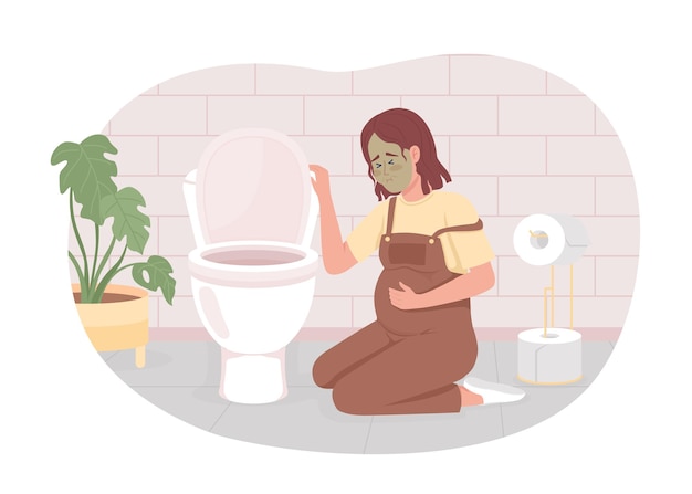 Kobieta W Ciąży Z Nudnościami W Toalecie 2d Na Białym Tle Ilustracja Wektorowa