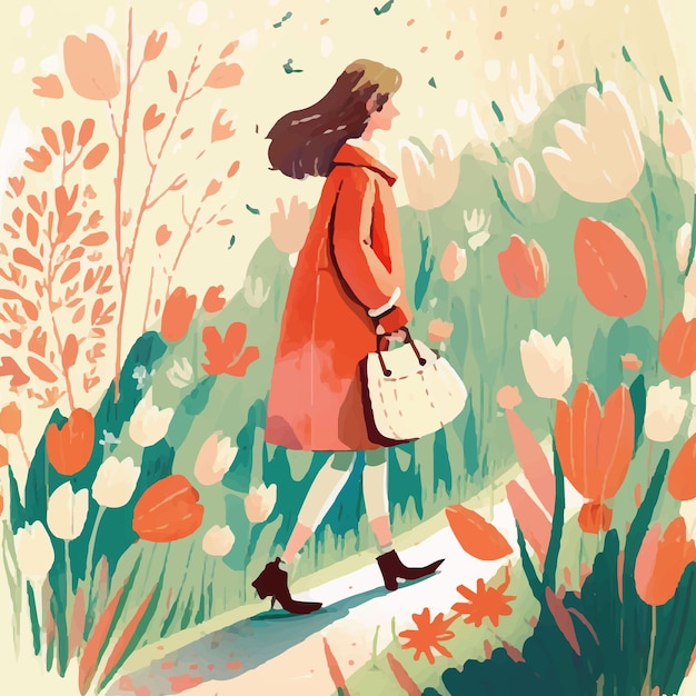 Kobieta w czerwonym płaszczu idzie przez ogród z kwiatami.