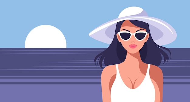 Kobieta w kapeluszu i okularach przeciwsłonecznych na plaży Letnie wakacje i koncepcja podróży Ilustracja