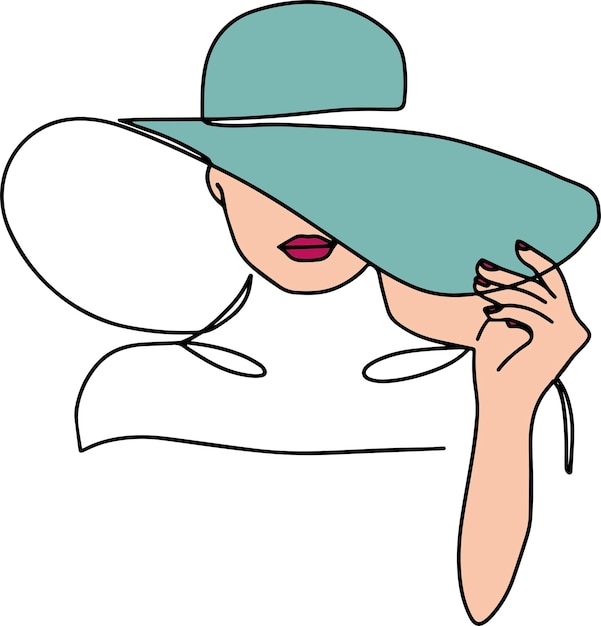 Plik wektorowy kobieta w kapeluszu, wektor, jedna linia, grafika minimalistyczny nadruk czarno-biały