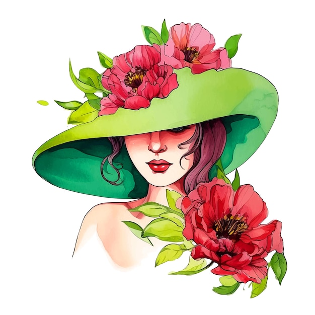 Plik wektorowy kobieta w kapeluszu z farbą akwarelową kwiatów