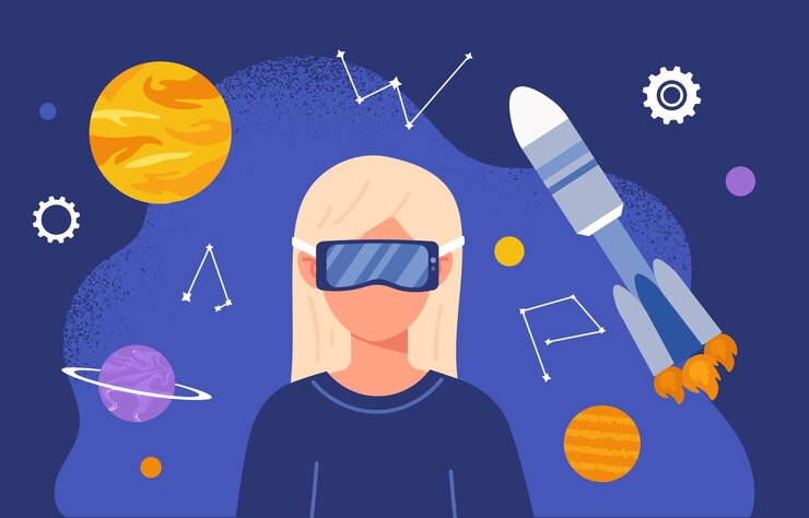 Wektor kobieta w koncepcji wirtualnej rzeczywistości, młoda dziewczyna w okularach vr w pobliżu rakiety i nowoczesnych kolorowych planet