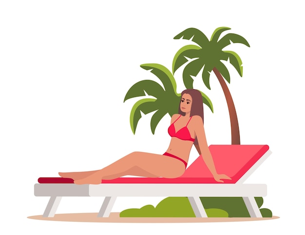 Kobieta w kostiumie kąpielowym opalania się na plaży Dziewczyna na leżaku ilustracja wektorowa