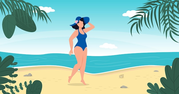 Kobieta w letnim stroju kąpielowym stoi na tropikalnej plaży