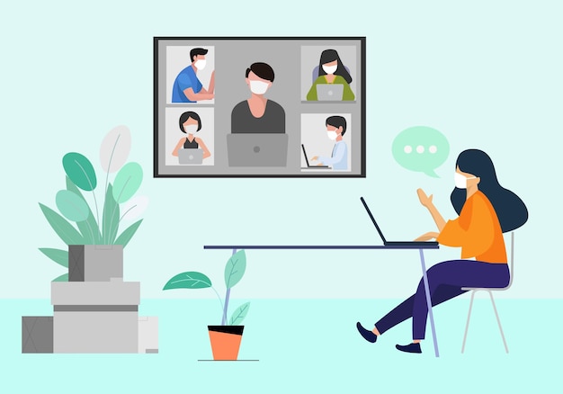 Plik wektorowy kobieta w masce pracuje nad telekonferencją z domu przez ekran duży rozmiar na spotkanie biznesowe z grupą pięciu kolegów płaska konstrukcja