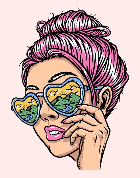 kobieta w okularach patrząca na górską ilustrację