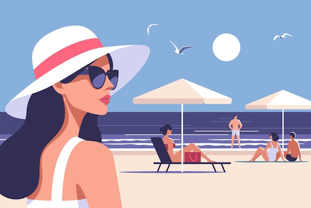 Kobieta w okularach przeciwsłonecznych i kapeluszu z szerokimi krawędziami cieszy się słonecznym dniem na plaży, podczas gdy inni opalają się