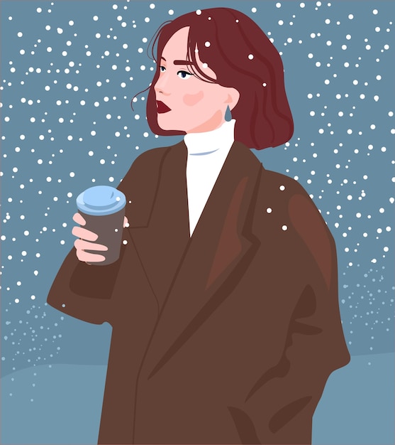 Plik wektorowy kobieta w płaszczu i swetrze spaceruje zimą w śniegu i pije kawę